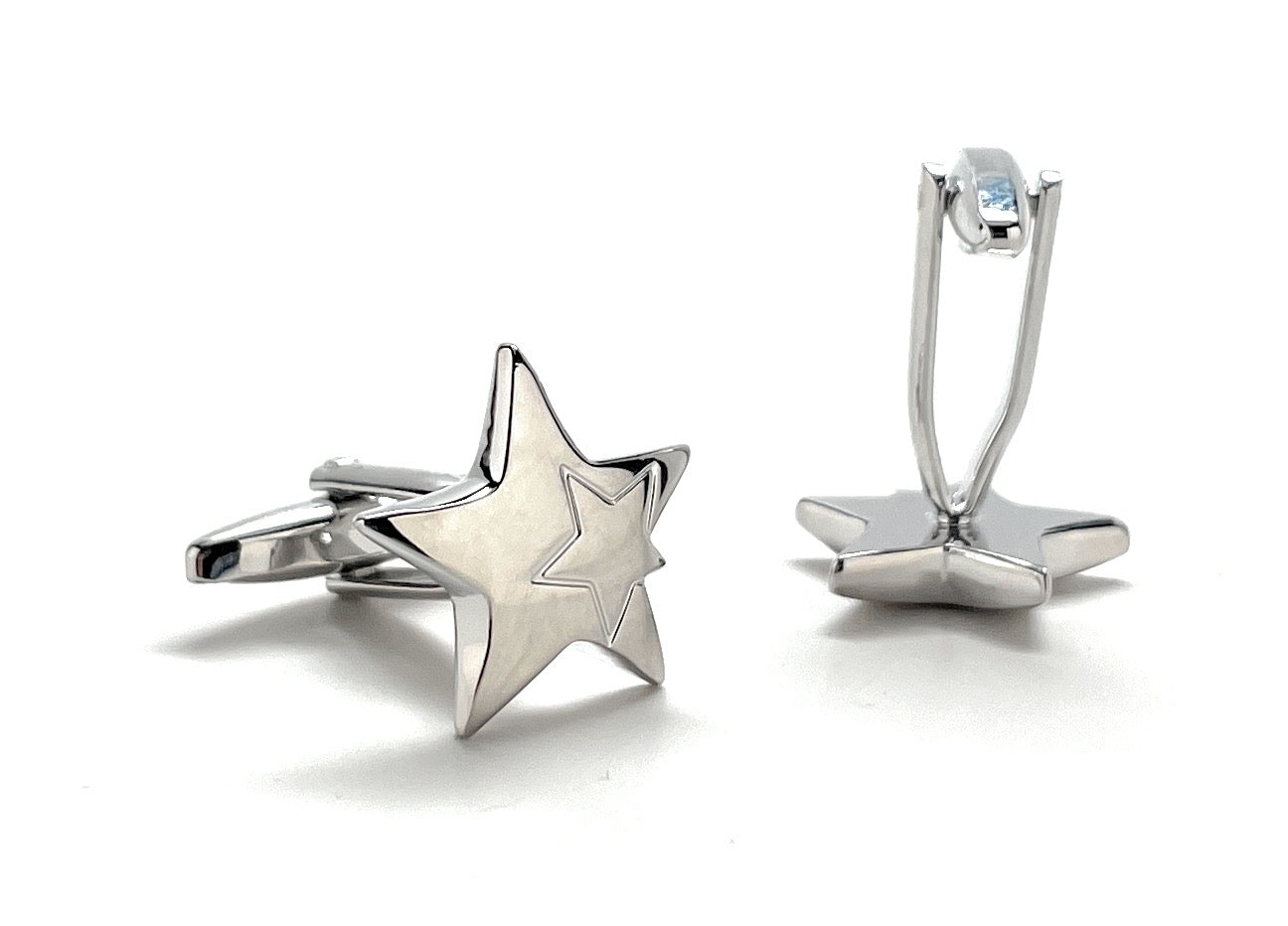 Star-shaped silver cufflinks on a white background