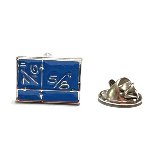 Blue square pin with white text on a white background