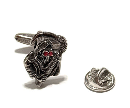 Metallic death shaped lapel pin and matching lapel pin on a white background