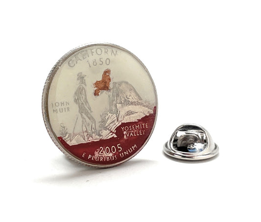 Hand-painted California state quarter lapel pin featuring John Muir and Yosemite Valley with silver butterfly clasp