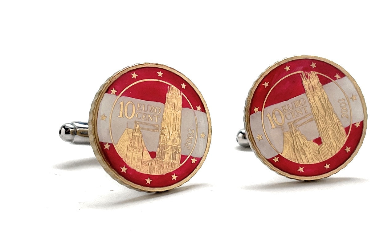 Hand-painted 10 Euro Cent coin cufflinks with gold trim and silver bullet-back closure