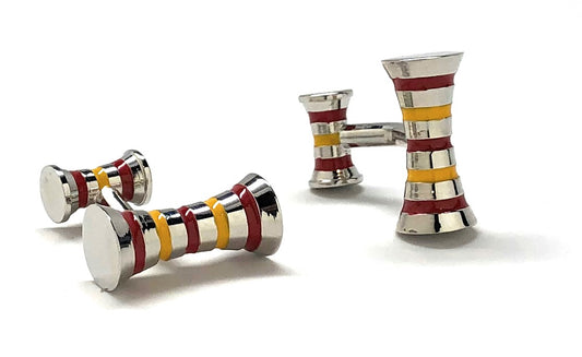 Red and yellow striped barrel cufflinks – polished stainless steel cylinder cuff links for men