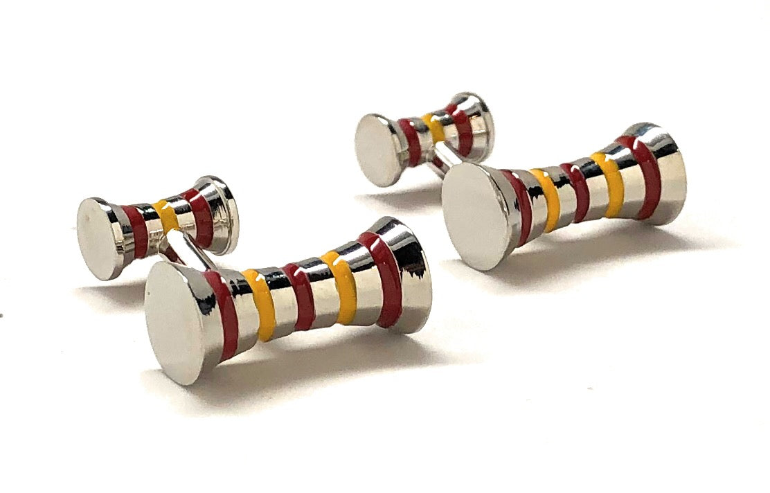 Red and yellow striped barrel cufflinks – polished stainless steel cylinder cuff links for men