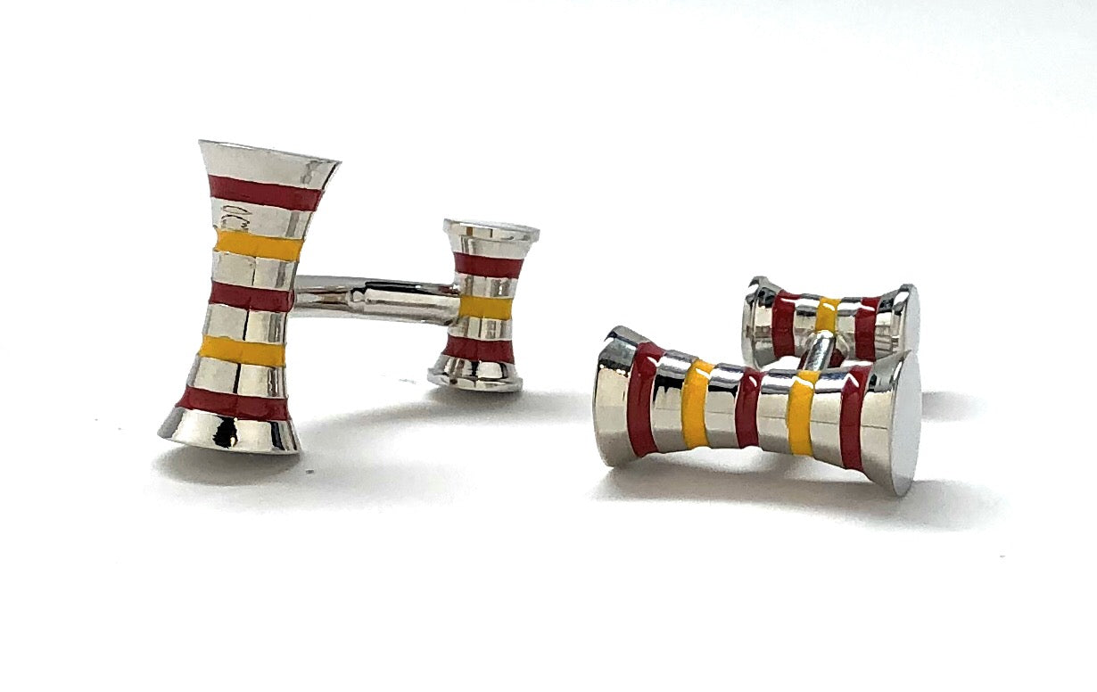 Red and yellow striped barrel cufflinks – polished stainless steel cylinder cuff links for men