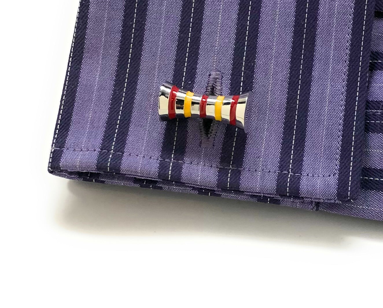 Red and yellow striped barrel cufflinks – polished stainless steel cylinder cuff links for men