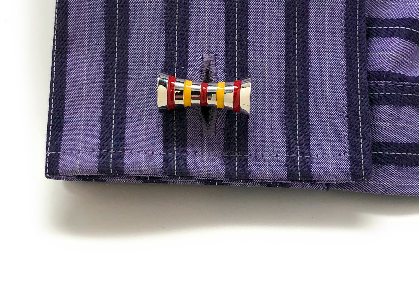 Red and yellow striped barrel cufflinks – polished stainless steel cylinder cuff links for men