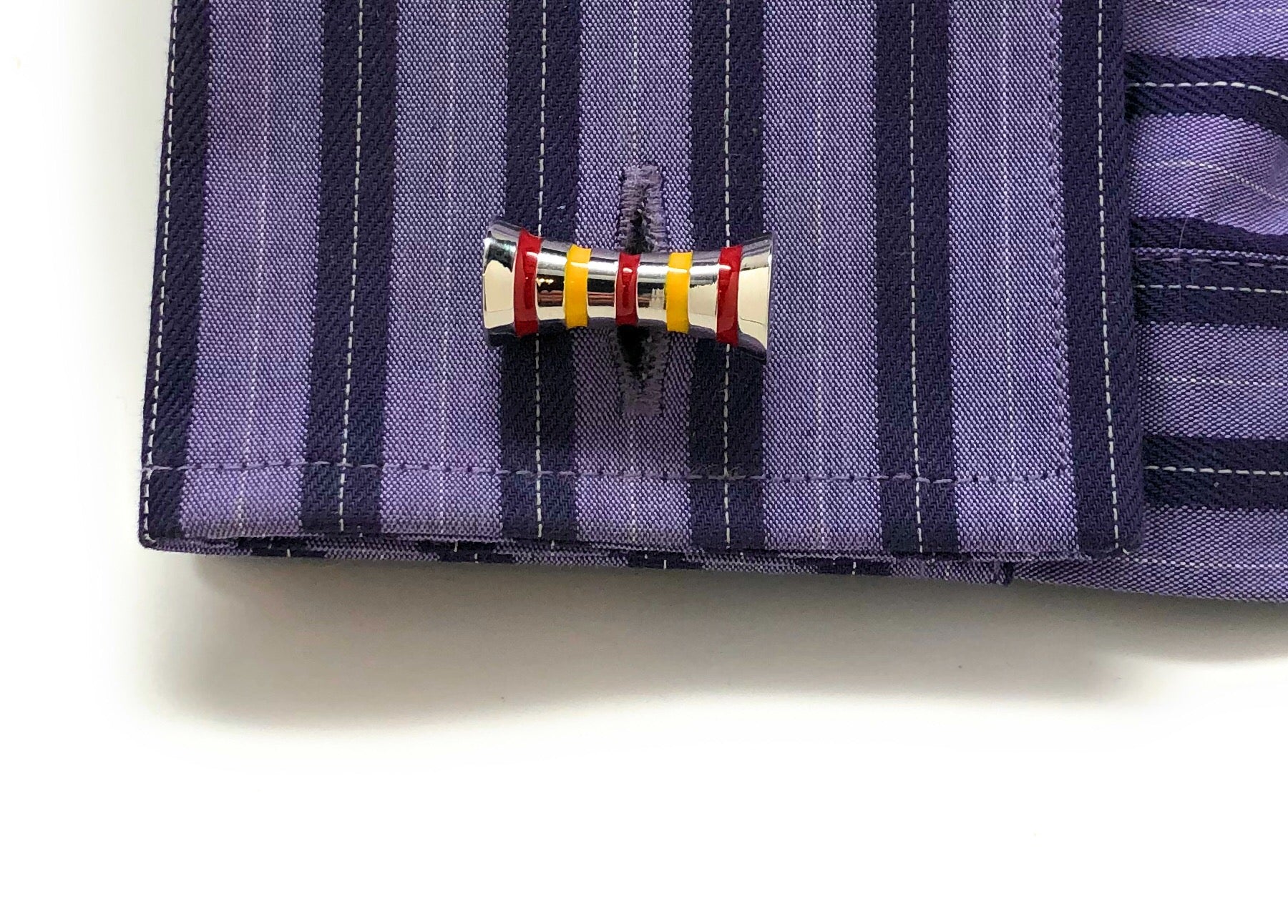 Red and yellow striped barrel cufflinks – polished stainless steel cylinder cuff links for men