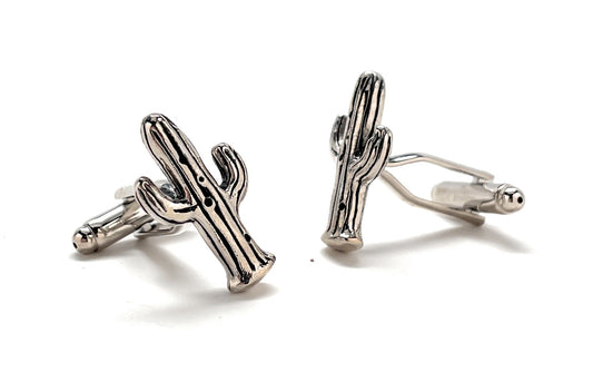 Cactus Cufflinks Silver Rhodium Plated with Black Enamel Cuff Links 3D Design Desert Old Wild West