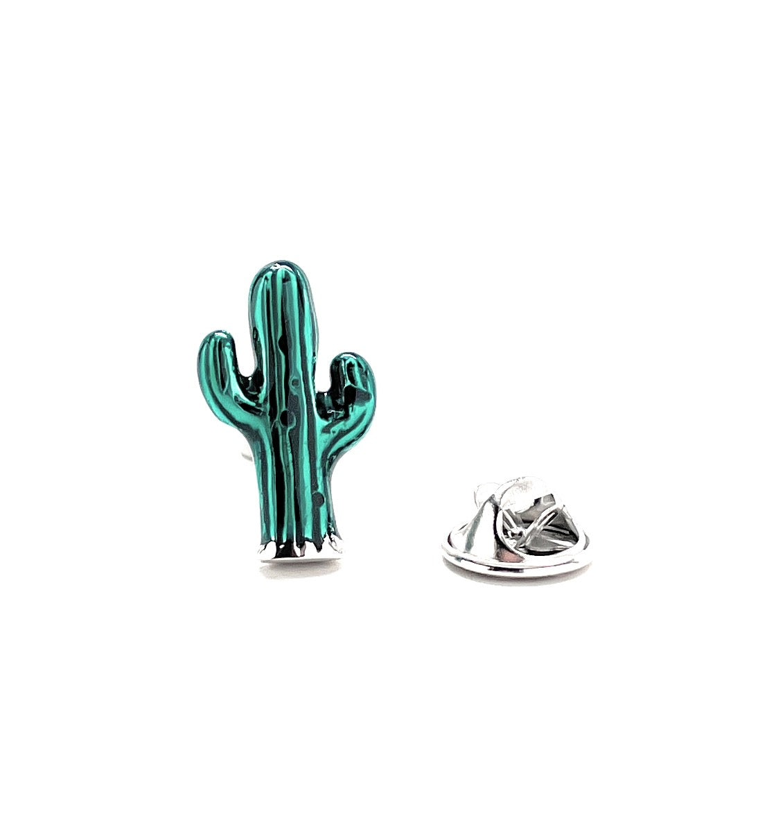 Green cactus-shaped lapel pin on a white background