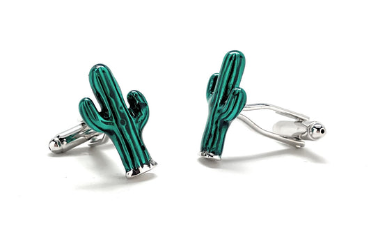 Cactus Cufflinks Silver Rhodium Plated with Green Enamel Cuff Links 3D Design Desert Old Wild West