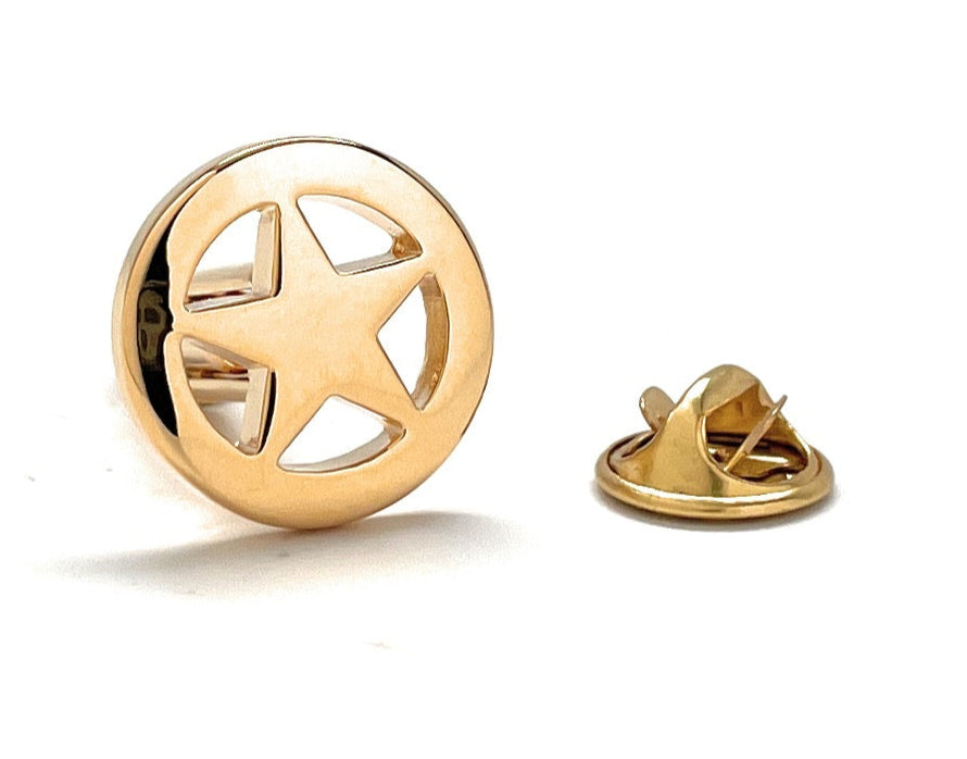 Gold star-shaped lapel pin on a white background