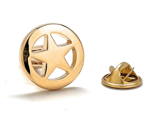 Gold star-shaped lapel pin on a white background