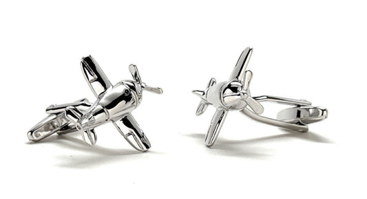 Silver airplane-shaped cufflinks on a white background