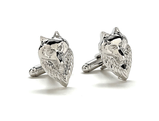 Silver wolf-shaped cufflinks on a white background