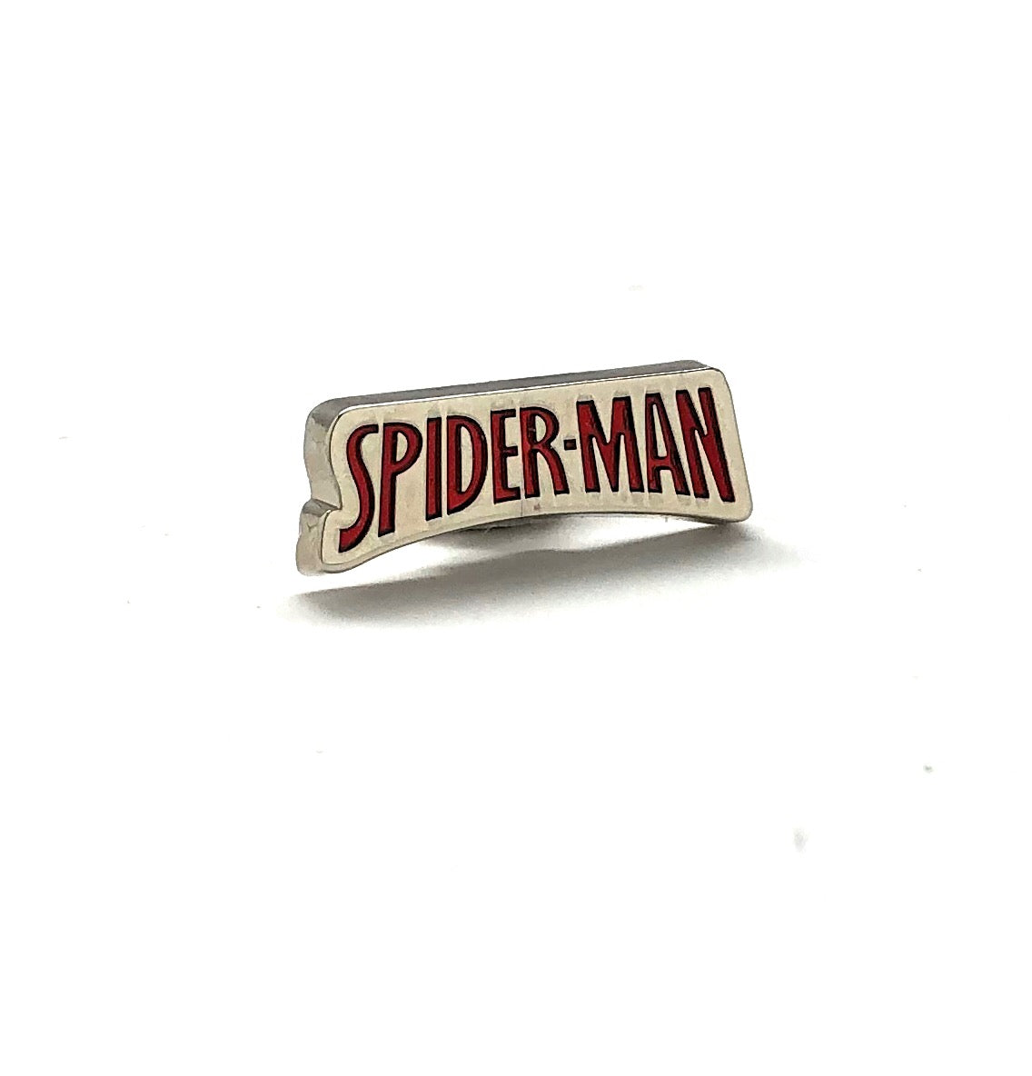 Spider-Man logo lapel pin with red enamel lettering on silver metal and secure clutch backing