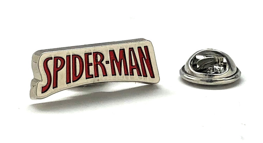 Spider-Man logo lapel pin with red enamel lettering on silver metal and secure clutch backing
