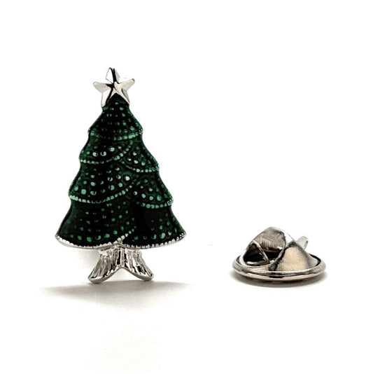 Christmas tree-shaped lapel pin on a white background
