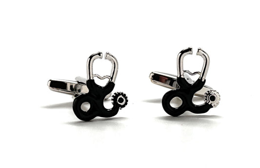Black and silver cufflinks with a unique design on a white background