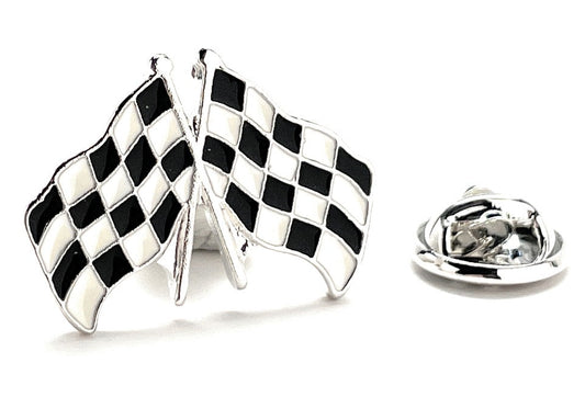 Checkered flag lapel pin on a white background