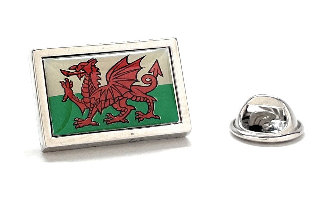 Wales Flag Lapel Pin featuring the red dragon on a green and white background, silver finish, designed by JayPins for Welsh heritage and national pride.