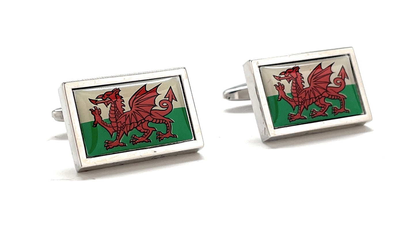 Wales Flag Cufflinks featuring the red dragon on a green and white background, polished silver finish, designed by JayPins for Welsh heritage and patriotic pride