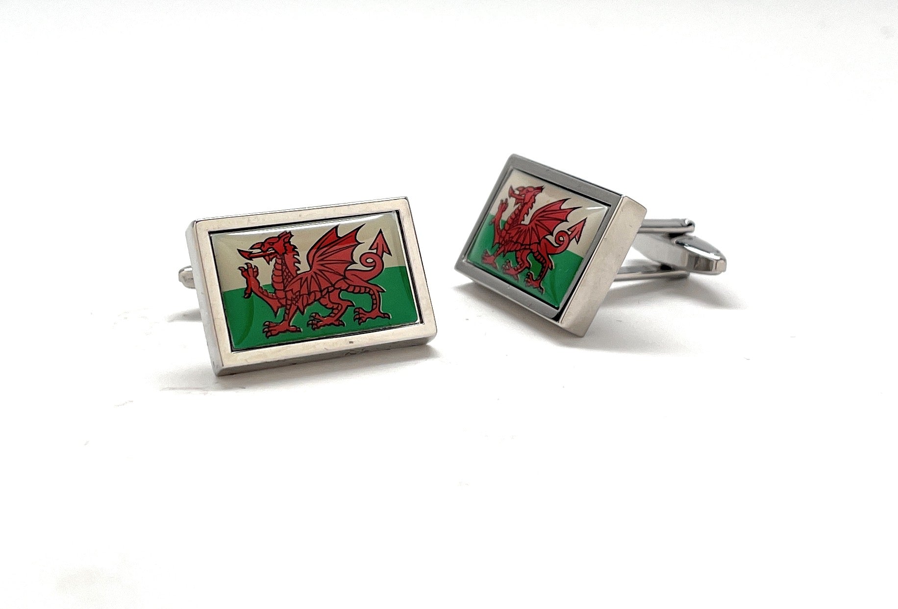 Wales Flag Cufflinks featuring the red dragon on a green and white background, polished silver finish, designed by JayPins for Welsh heritage and patriotic pride