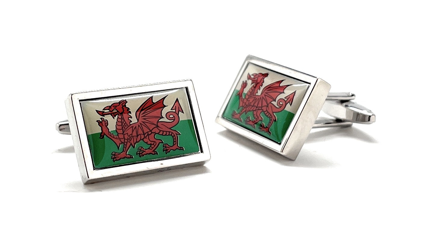 Wales Flag Cufflinks featuring the red dragon on a green and white background, polished silver finish, designed by JayPins for Welsh heritage and patriotic pride