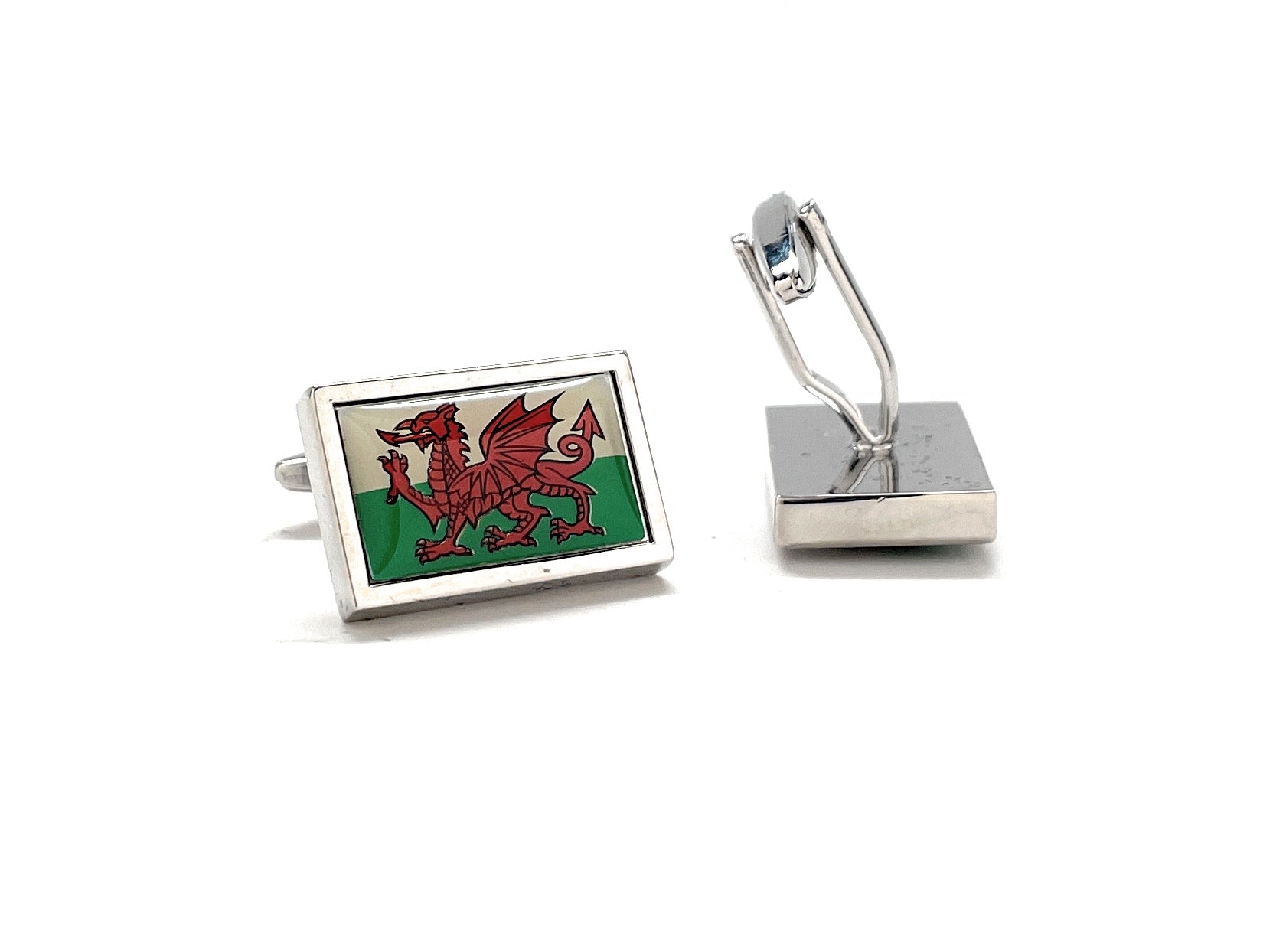 Wales Flag Cufflinks featuring the red dragon on a green and white background, polished silver finish, designed by JayPins for Welsh heritage and patriotic pride