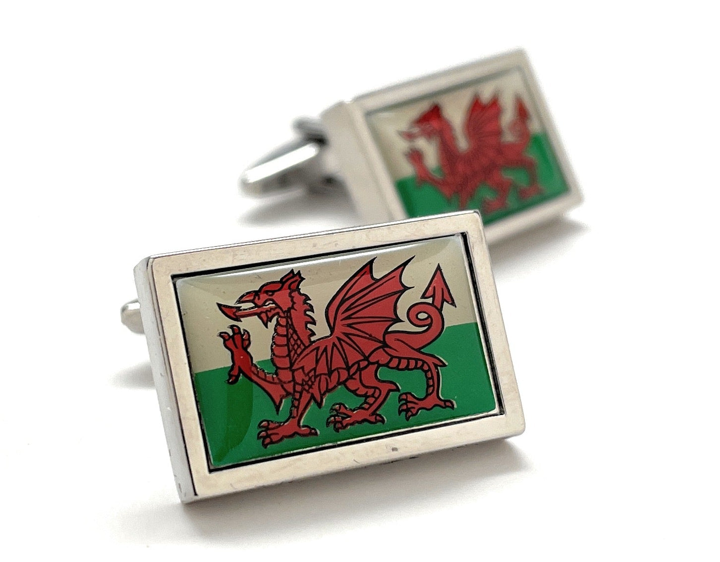 Wales Flag Cufflinks featuring the red dragon on a green and white background, polished silver finish, designed by JayPins for Welsh heritage and patriotic pride