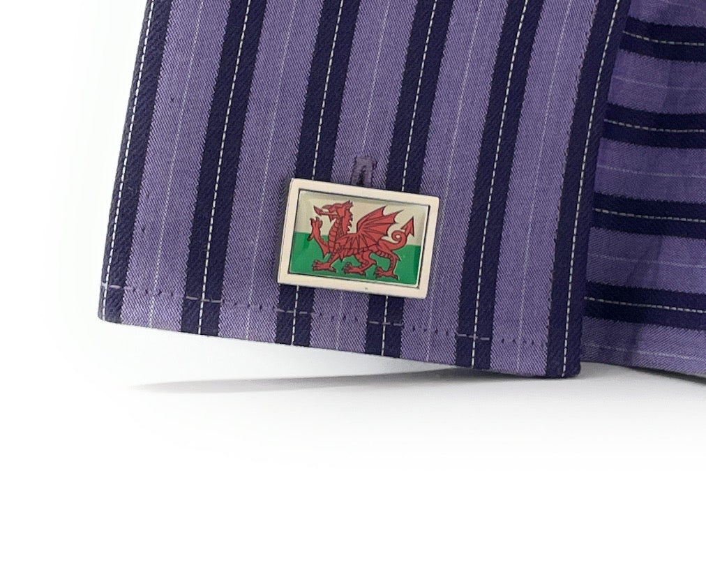 Wales Flag Cufflinks featuring the red dragon on a green and white background, polished silver finish, designed by JayPins for Welsh heritage and patriotic pride