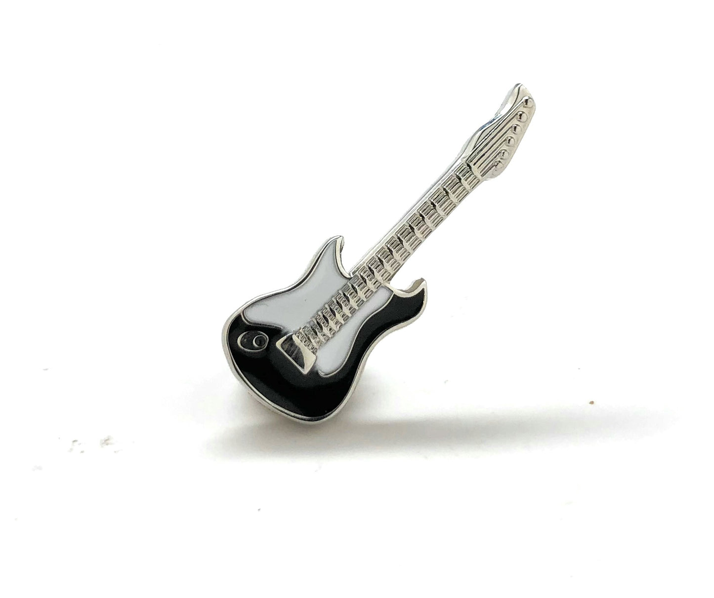 Rock and Roll Guitar Pin Black White Silver Trim Enamel Pin