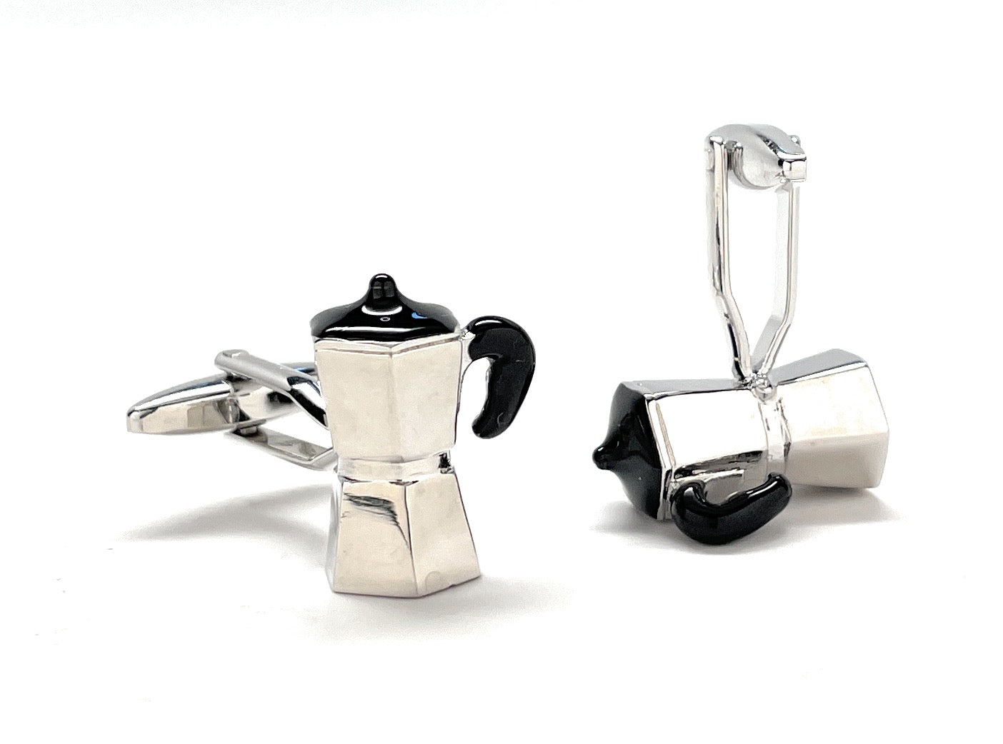 coffee pot cufflinks white back ground side view 