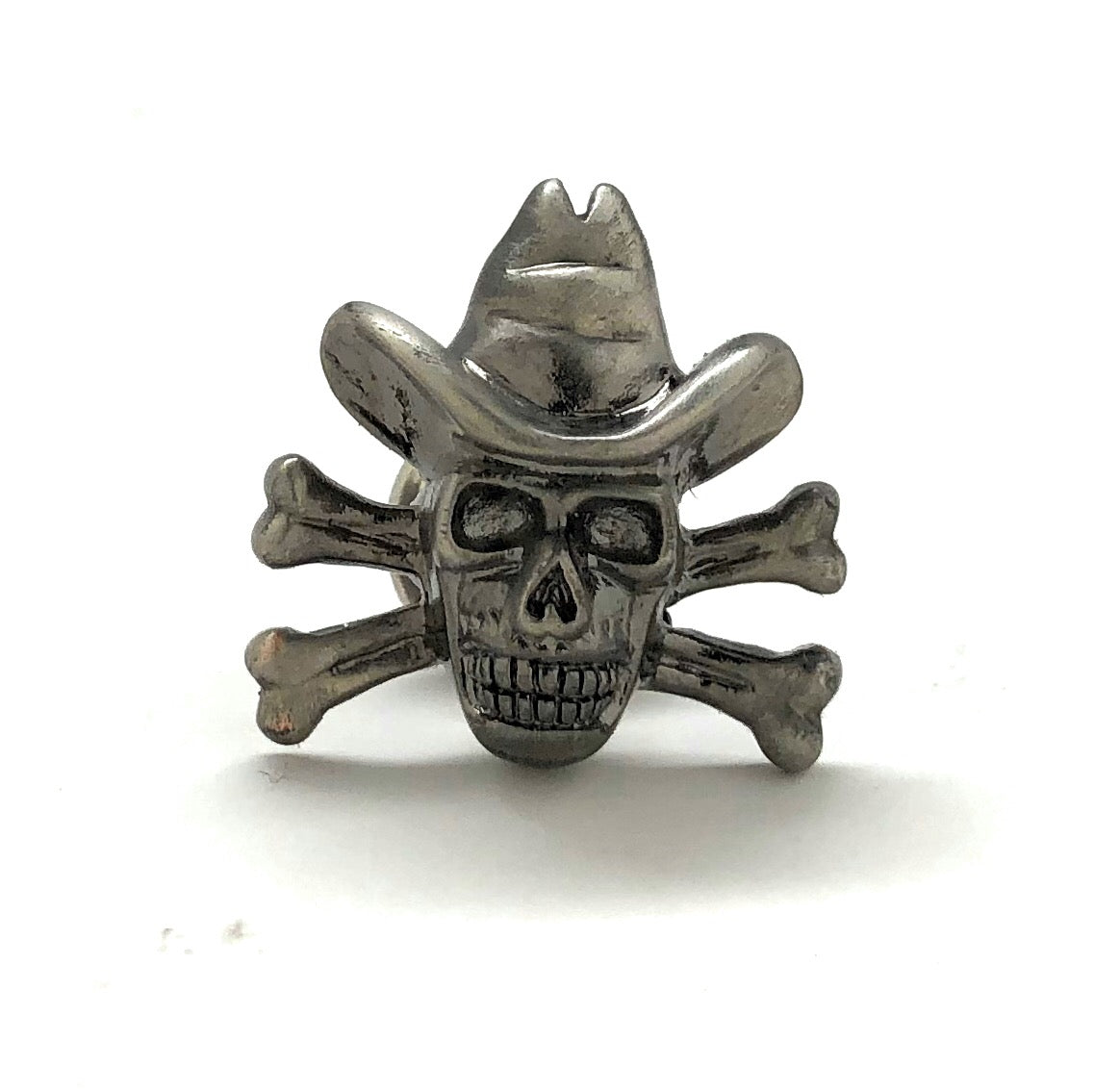 Bone Bandit Lapel Pin Cowboy Skull and Bones Enamel Pin Pewter Finish