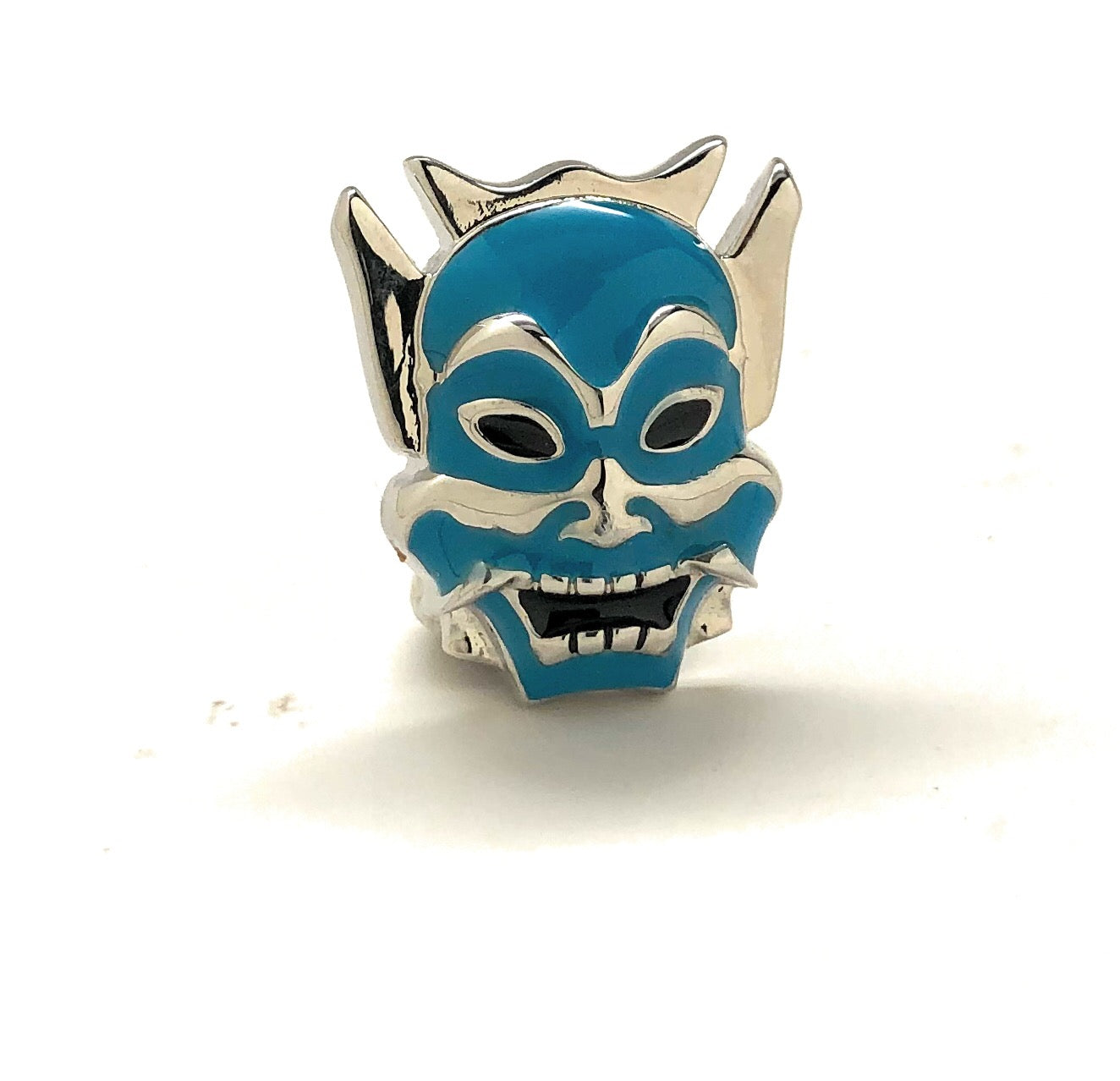 Ninja Lapel Pin Samurai Ninja Warrior Mask Enamel Pin Silver Tone Lucky Blue Tie Tack