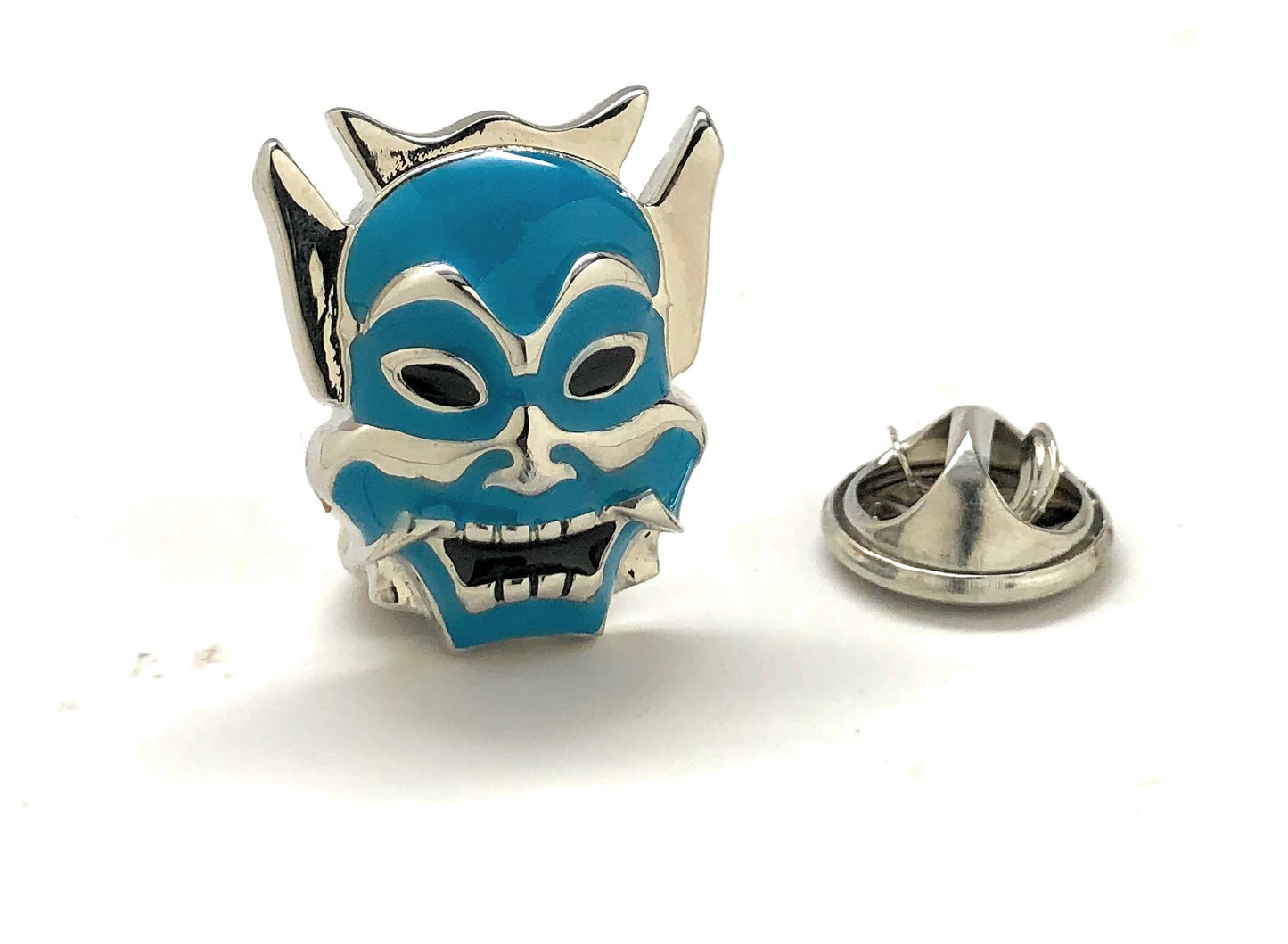 Ninja Lapel Pin Samurai Ninja Warrior Mask Enamel Pin Silver Tone Lucky Blue Tie Tack