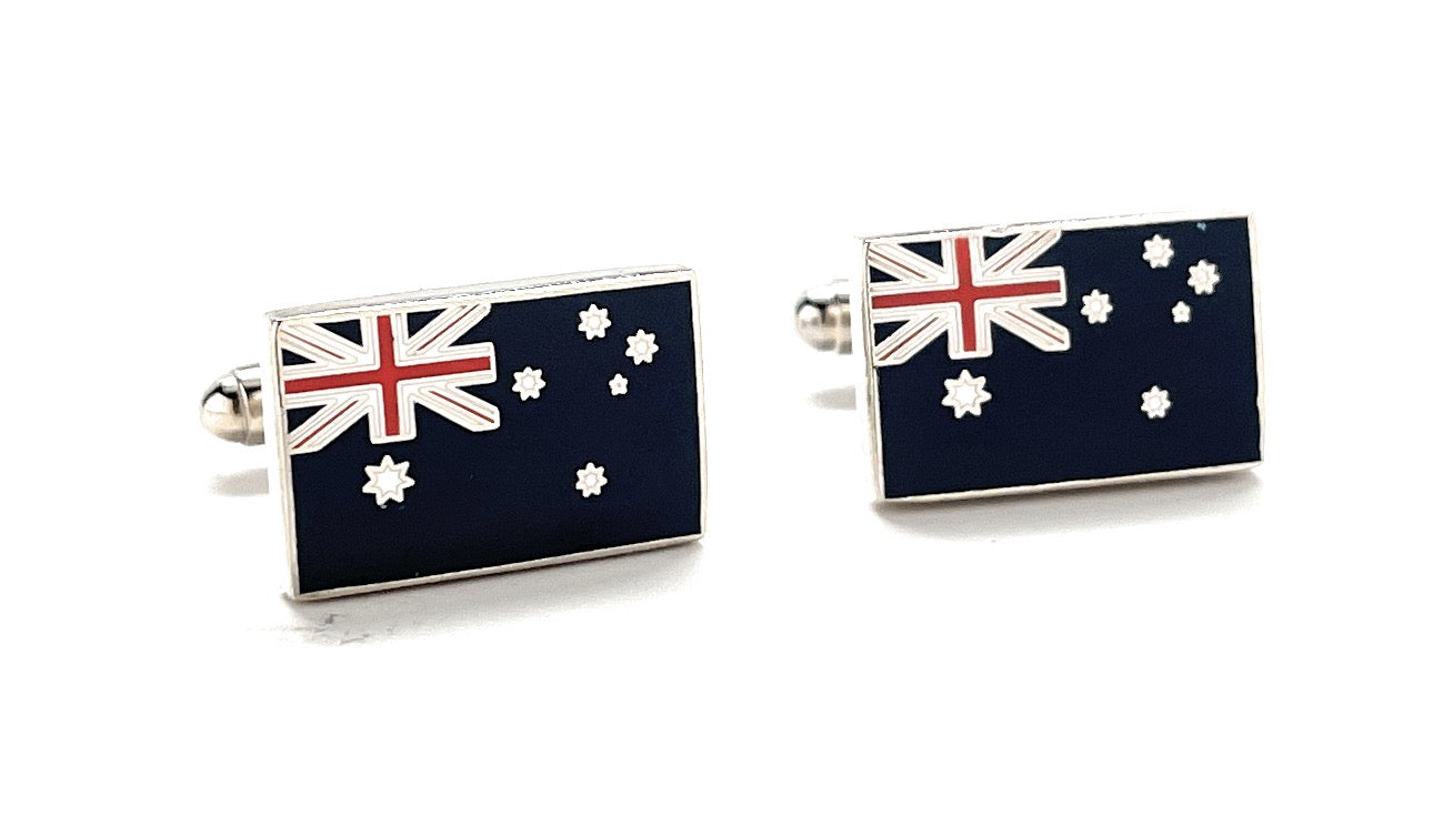 Rectangular Australia flag cufflinks with blue enamel background and red, white, and blue Union Jack design, ideal for formal wear or patriotic gifts.