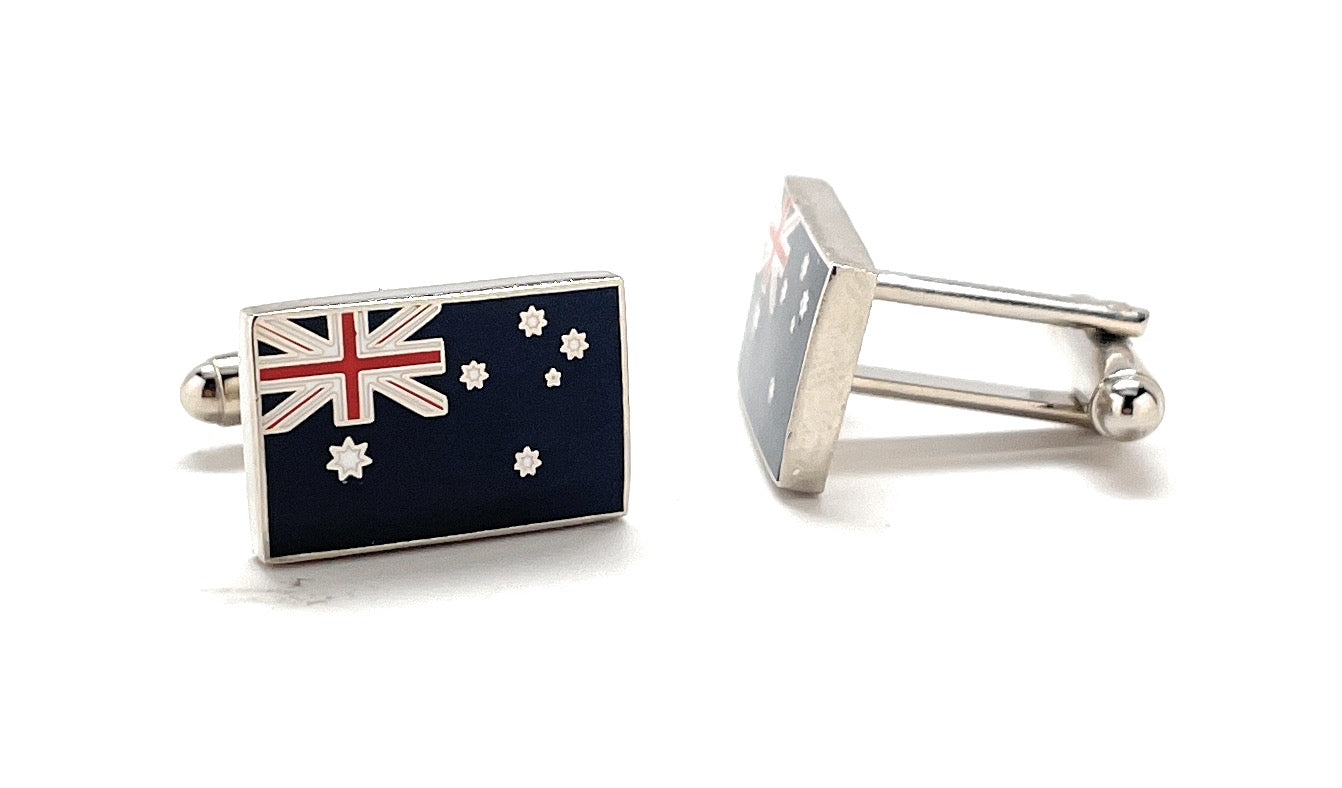 Rectangular Australia flag cufflinks with blue enamel background and red, white, and blue Union Jack design, ideal for formal wear or patriotic gifts.