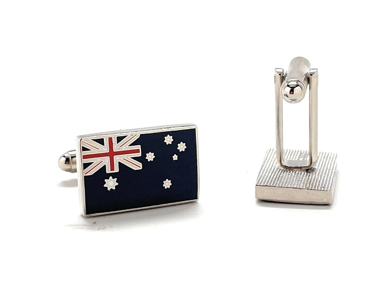 Rectangular Australia flag cufflinks with blue enamel background and red, white, and blue Union Jack design, ideal for formal wear or patriotic gifts.