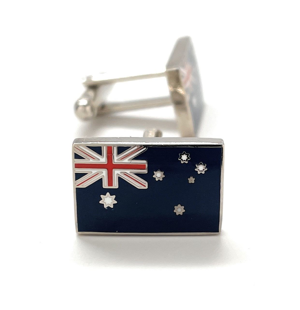 Rectangular Australia flag cufflinks with blue enamel background and red, white, and blue Union Jack design, ideal for formal wear or patriotic gifts.