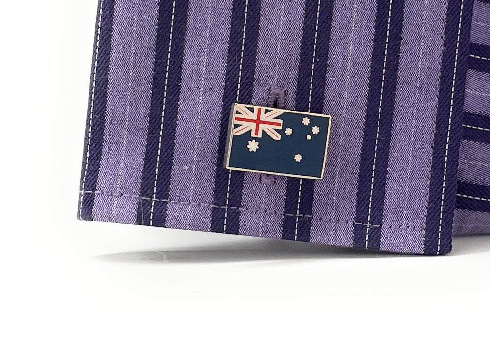 Rectangular Australia flag cufflinks with blue enamel background and red, white, and blue Union Jack design, ideal for formal wear or patriotic gifts.