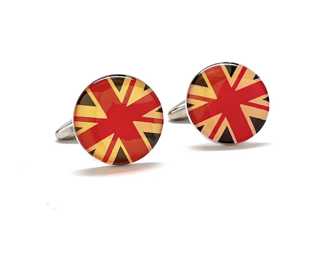 Round United Kingdom flag cufflinks with glossy red, cream and navy enamel design and silver bullet-back closure.