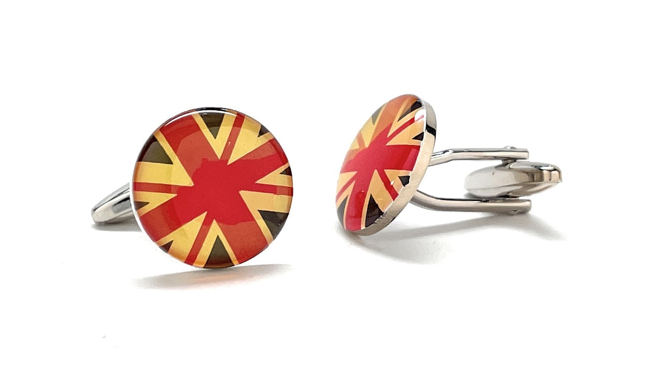 Round United Kingdom flag cufflinks with glossy red, cream and navy enamel design and silver bullet-back closure.
