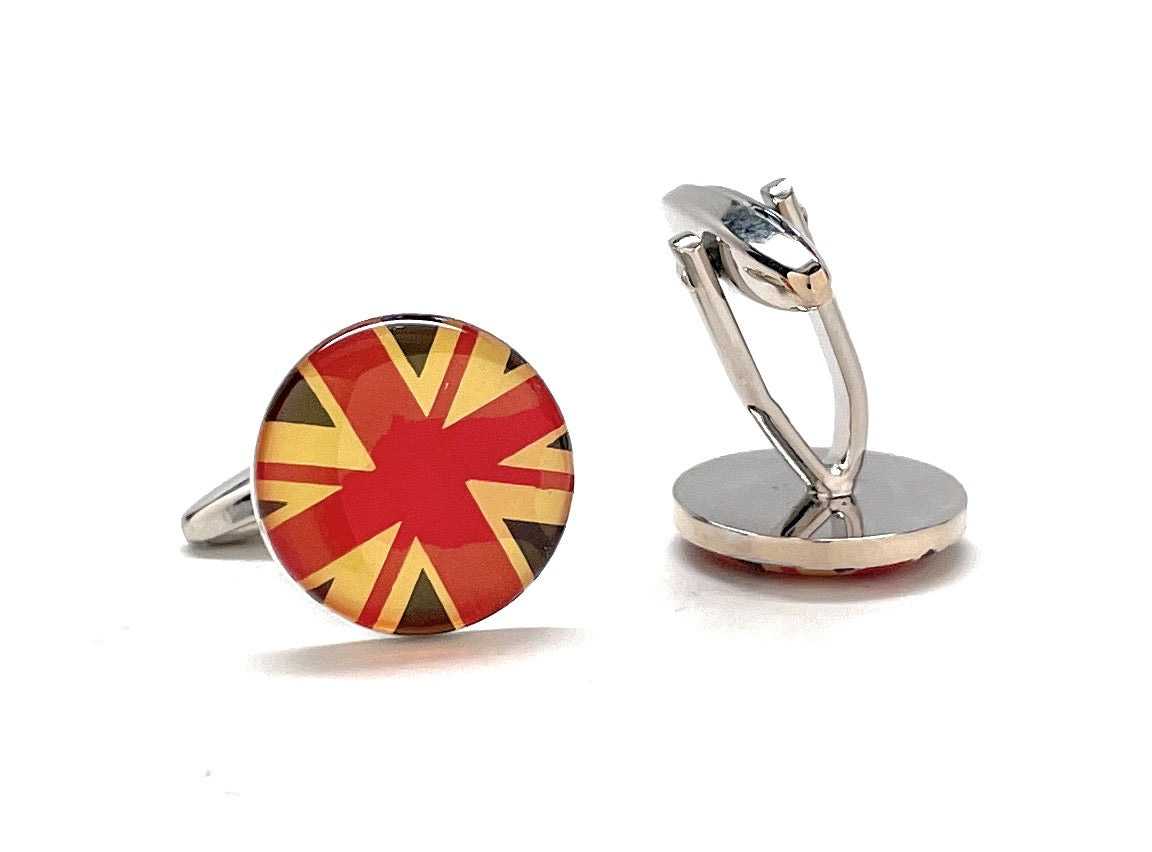 Round United Kingdom flag cufflinks with glossy red, cream and navy enamel design and silver bullet-back closure.