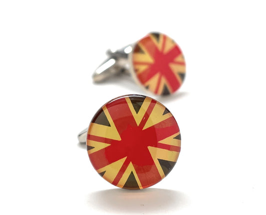 Round United Kingdom flag cufflinks with glossy red, cream and navy enamel design and silver bullet-back closure.