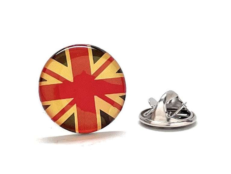 Round United Kingdom flag lapel pin with glossy red, cream, and navy enamel design and silver butterfly clutch backing.