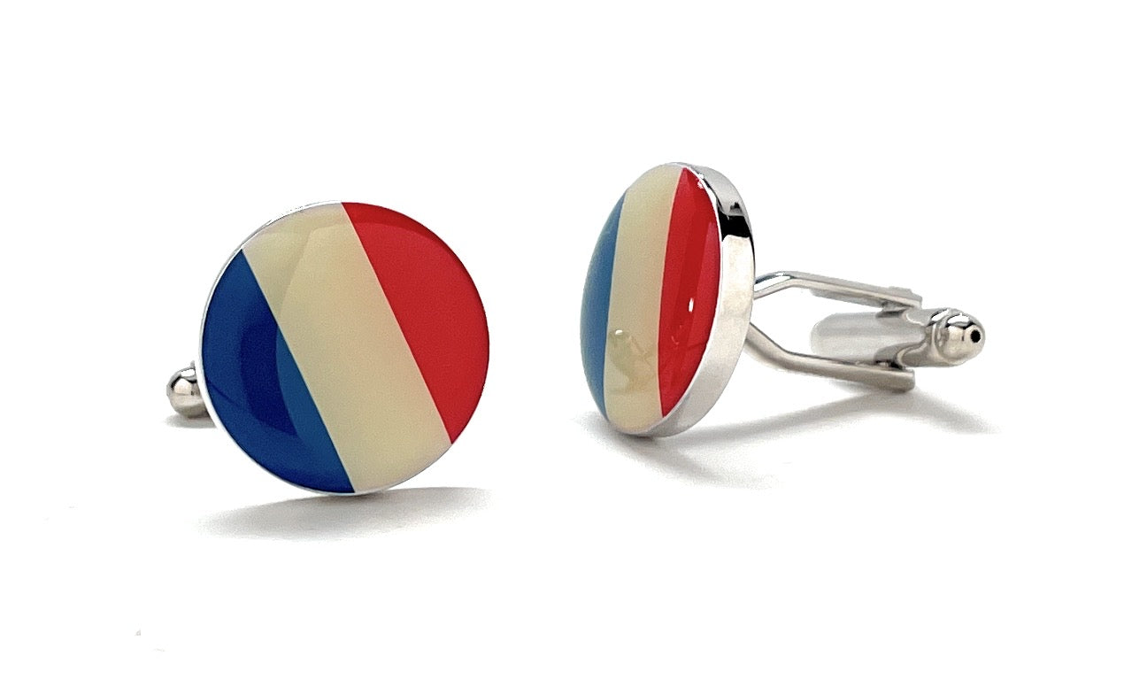 Round France flag cufflinks with glossy blue, white, and red enamel design and silver bullet-back closure.