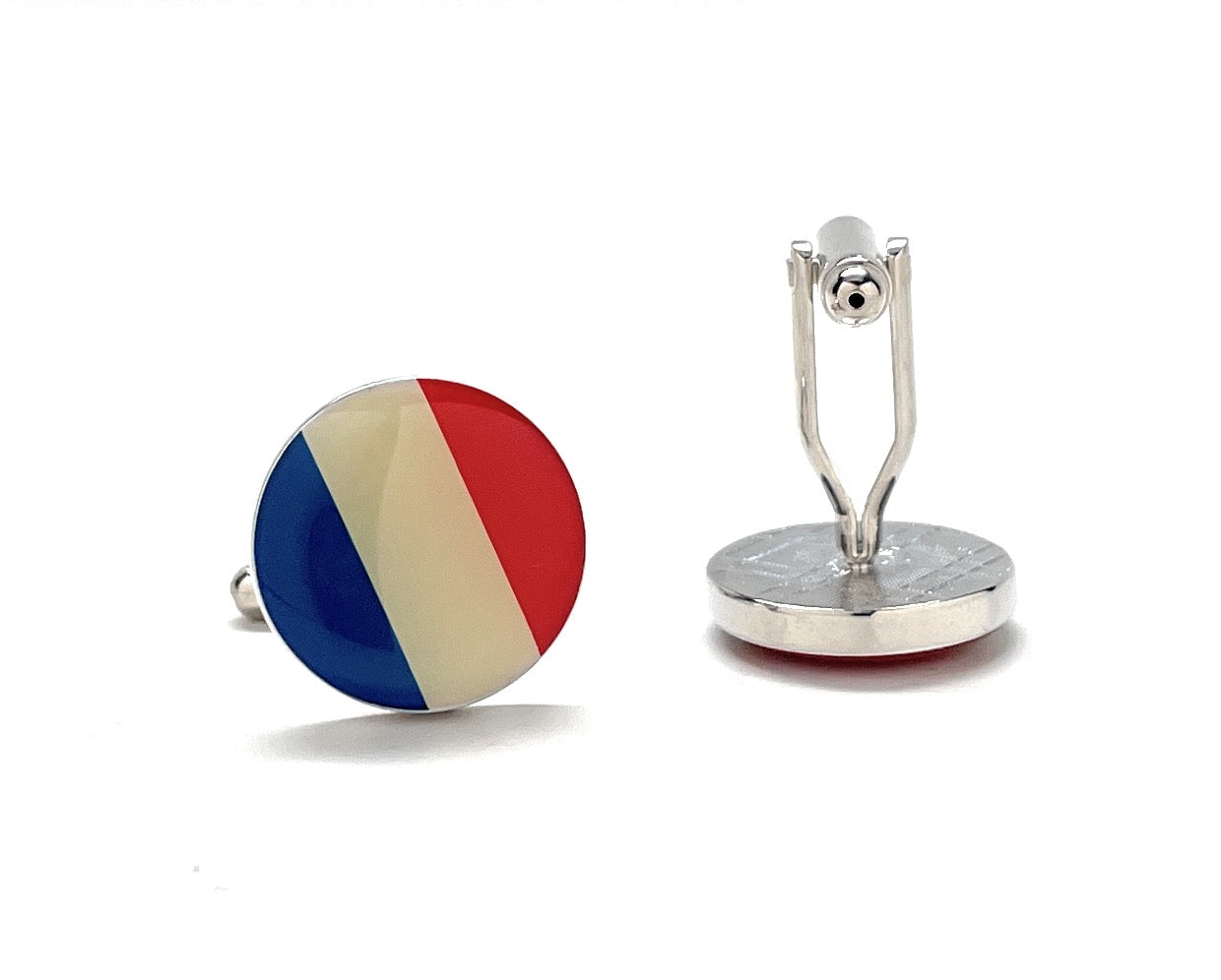 Round France flag cufflinks with glossy blue, white, and red enamel design and silver bullet-back closure.