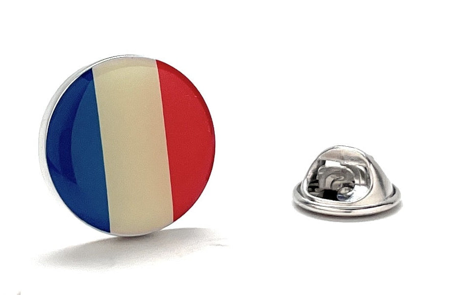 Round France flag lapel pin with glossy blue, white, and red enamel and butterfly clutch backing.