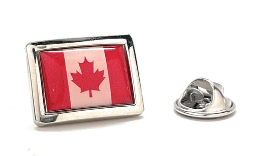 Rectangular Canada flag lapel pin with glossy red Maple Leaf design and silver butterfly clutch backing.