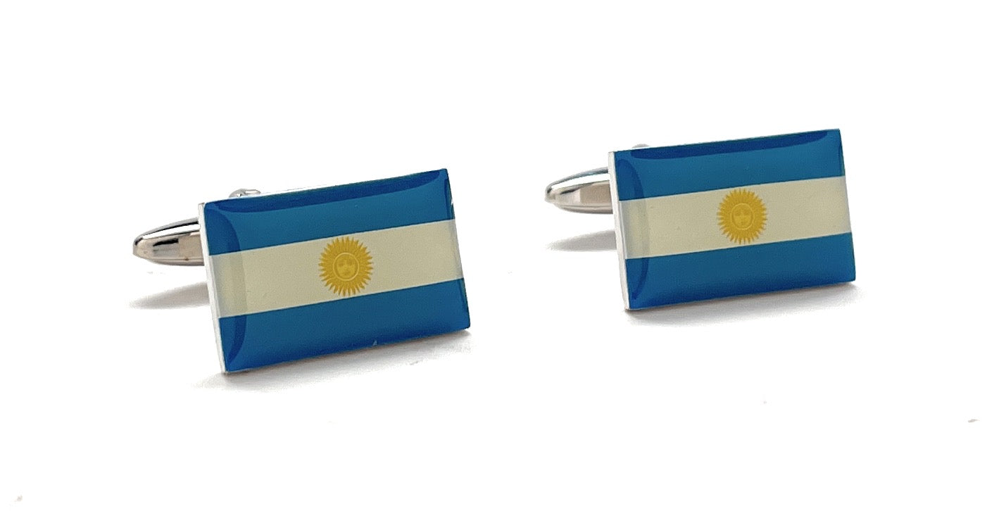 Argentina Flag Cufflinks – silver and enamel cufflinks featuring blue, white, and gold design with Sun of May emblem by JayPins, representing Argentinian pride and heritage.